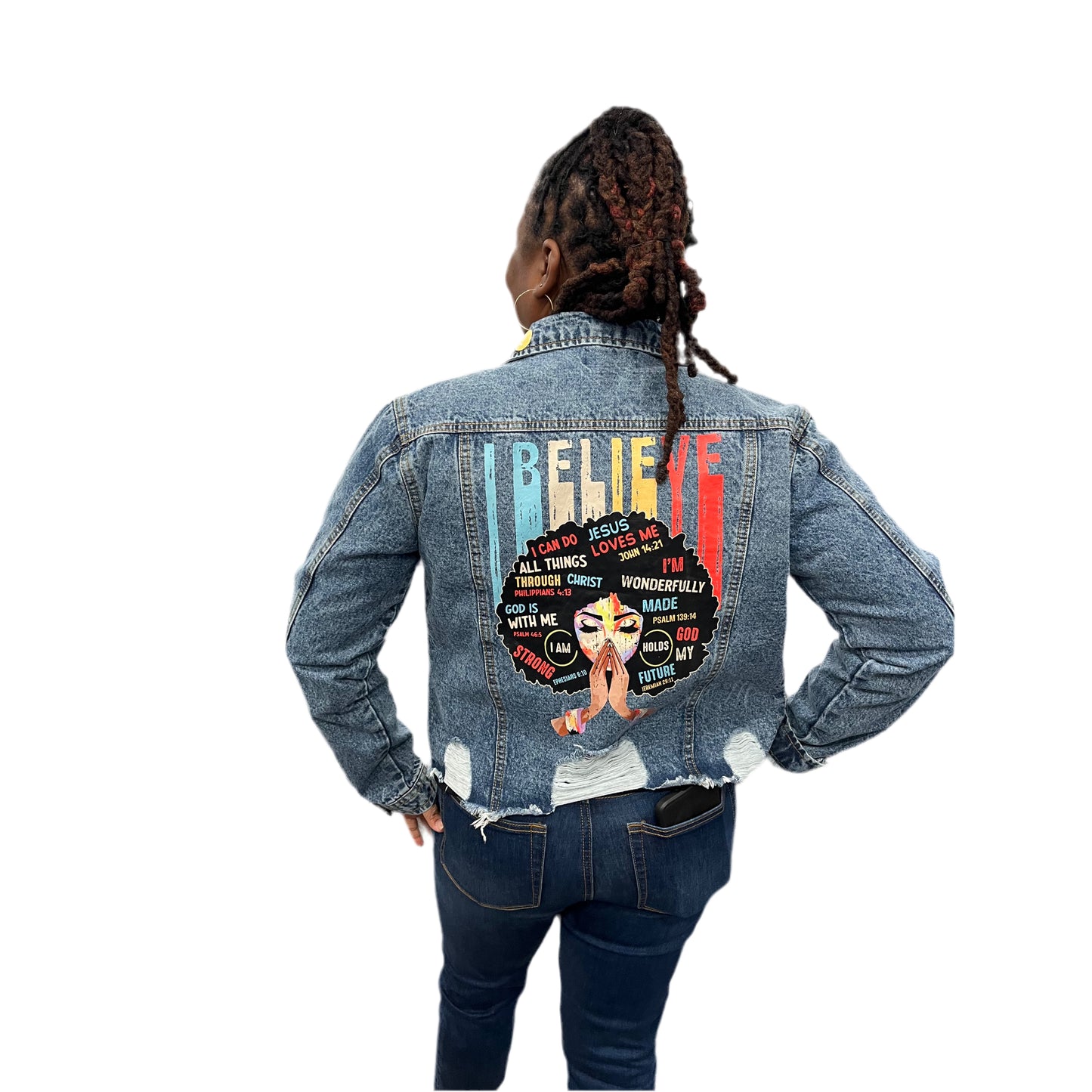 I Believe Distressed Denim Jacket
