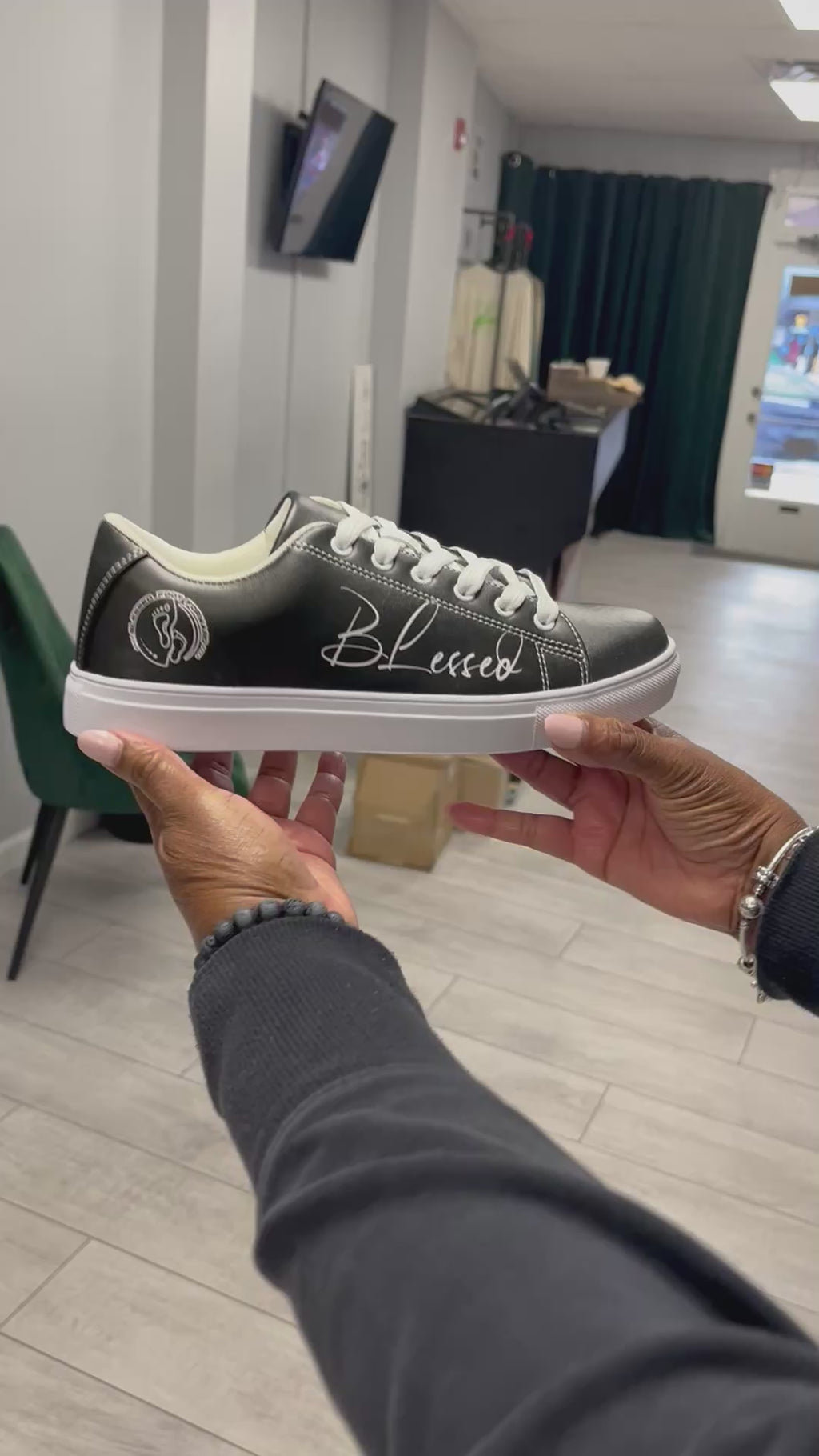 Women's Faux-Leather Sneaker- Simply blessed -black