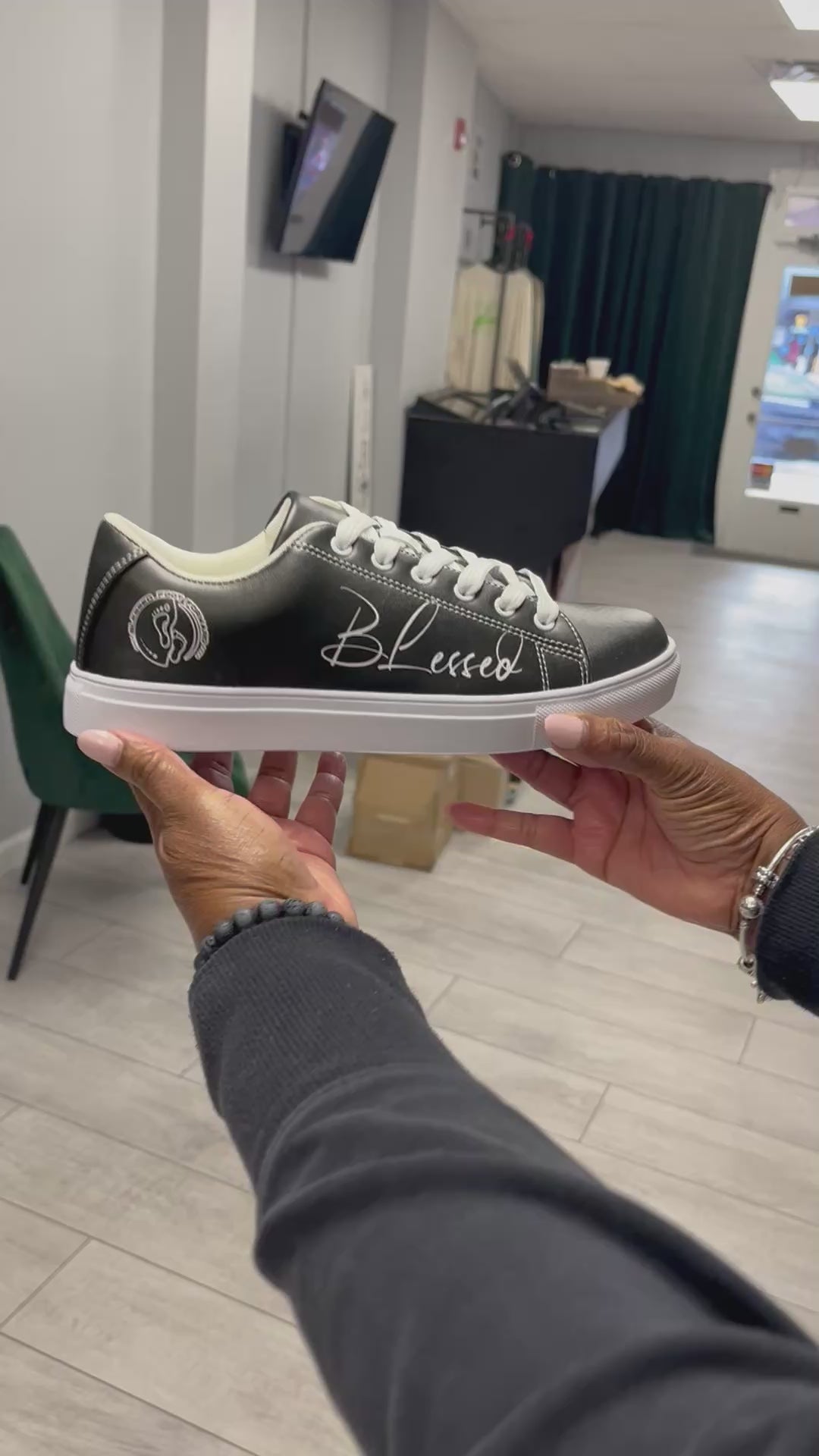 Women's Faux-Leather Sneaker- Simply blessed -black